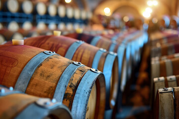 Wine barrels stacked in background of cellar of a winery. Industrial concept of production and...