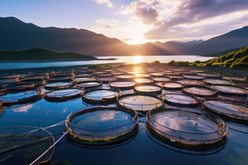 Aquaculture in floating fish farming cages of fish farm - obrazy, fototapety, plakaty