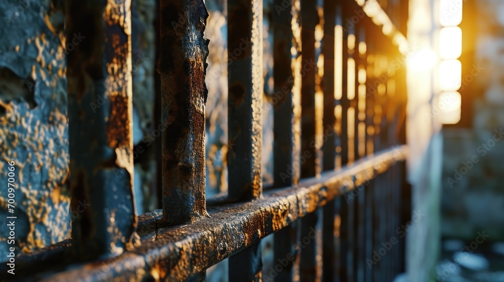 Poster A close up shot of a rusted iron fence. Perfect for adding a rustic touch to any project or design
