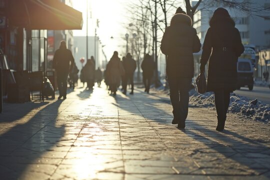 A group of people walking together on a sidewalk. Suitable for lifestyle, urban, and community themes