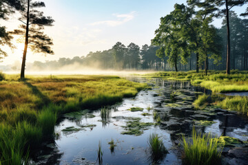 View of a wetland as conservation and sustainability background - obrazy, fototapety, plakaty