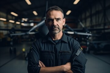 Portrait of a confident mature pilot standing with arms crossed in hangar