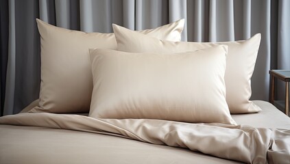 Experience tranquil bedroom design bliss with a cozy bed adorned in soft white pillows and bedding.