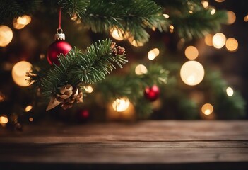 Fototapeta na wymiar Christmas tree branch decorations on a wooden table