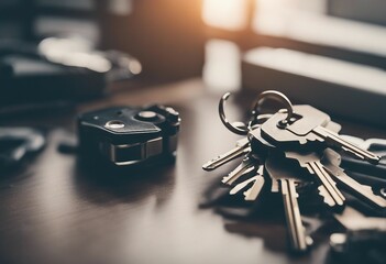 Keys on the table in new apartment or hotel room Mortgage investment rent real estate property - obrazy, fototapety, plakaty