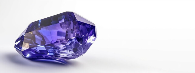 Tanzanite is a rare precious natural stone on a white background. AI generated. Header banner mockup with space.