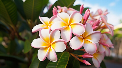 Plumeria. Shrubs with beautiful thick plumeria flowers