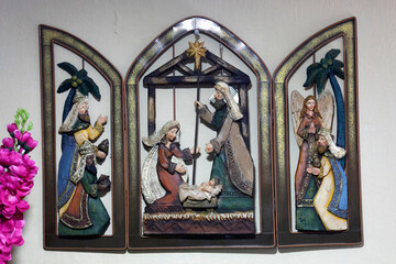 Reliefs in a sanctuary, Cuenca, Ecuador. Nativity triptych