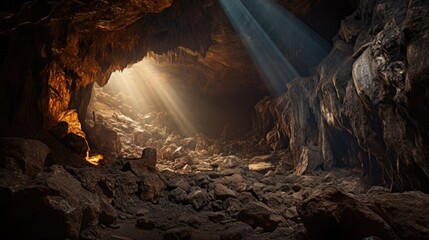 Flashlight light on the cave walls. Photo taken from inside, with ray of light