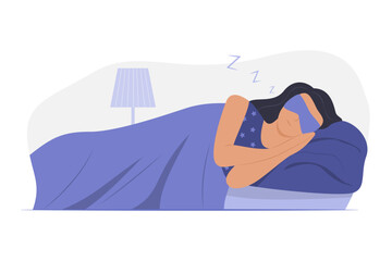 Woman Wearing Sleeping Mask and Sleep in Bed at Night Concept Illustration