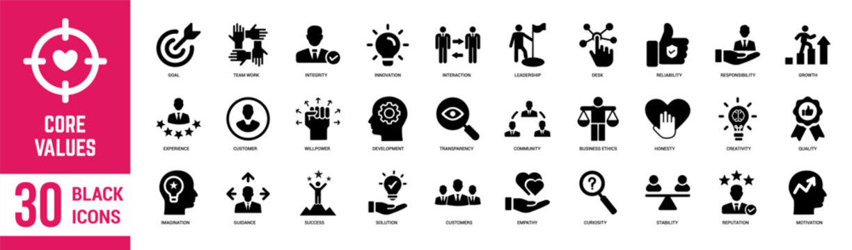 Core Values solid icons set. Core values, innovative, passion, leadership, accountability, goal, performance, client, empathy, success, motivation and quality. Vector illustration