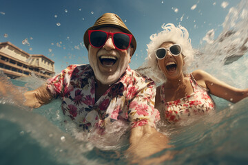 Happy retirees, pensioners. summer vacation holidays beach, ship and sea, cocktails, travel, happy old age, enjoying life. Grandmother and grandfather, grandparents. - obrazy, fototapety, plakaty