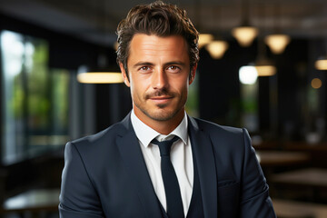 Fototapeta premium Young male confident businessman, blurred office background. Successful professional in suit, tie, entrepreneur.