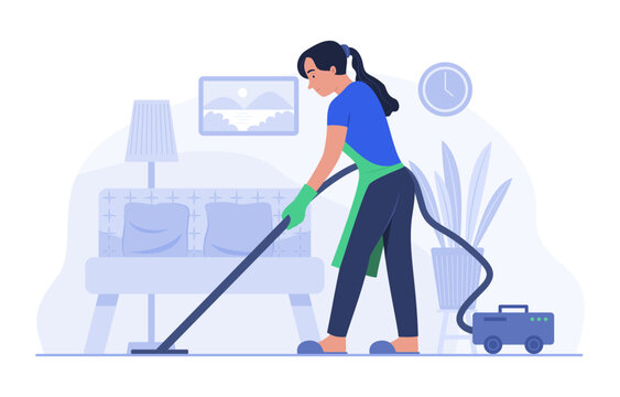 recommend clip art: Housekeeper Woman Cleaning Living Room with Electric Vacuum Cleaner