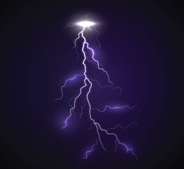 Lightning bolts realistic vector illustration. Thunderstorm electricity discharge on a blue background. Natural phenomena, blue thunderbolt flares. Rainy weather design elements