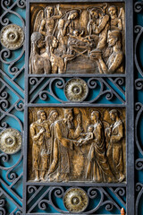 Immaculate Conception cathedral, Cuenca, Ecuador. Door reliefs