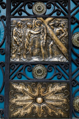 Immaculate Conception cathedral, Cuenca, Ecuador. Door reliefs