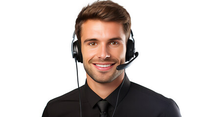 Male customer service representative in headset consulting clients online. Call center agent. Generative AI