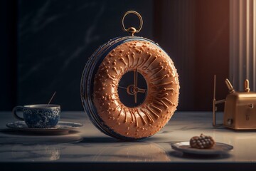 Donut shaped like clock for breakfast. 3D render. Generative AI - obrazy, fototapety, plakaty