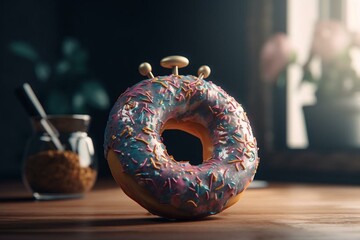 Donut shaped like clock for breakfast. 3D render. Generative AI