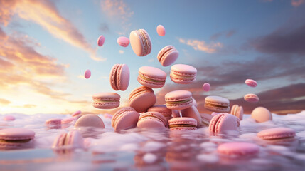 French macaroons fly in the air among crumbs against the backdrop of pink clouds - obrazy, fototapety, plakaty