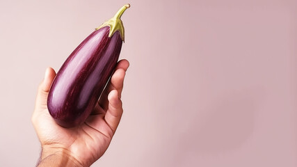 Hand holding eggplant vegetable isolated on pastel background