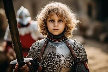 Portrait of a cute little boy in knightly armor on the battlefield
