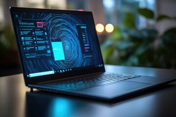 a laptop with a virtual fingerprint, showing the concept of cybersecurity
