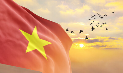 Waving flag of Vietnam against the background of a sunset or sunrise. Vietnam flag for Independence...