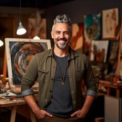 A mature, stylish artist with silver hair and a warm smile in a brightly colored art studio, folding his hands his pockets. wearing green shirt and necklace. Contemporary Artists. Hobbies, lifestyle
