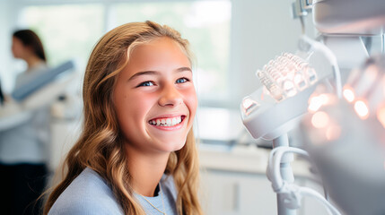 A cheerful teenage girl with braces sits in a dental clinic, her smile bright and confident as she interacts with dental equipment during an orthodontic visit. Dental Health - obrazy, fototapety, plakaty