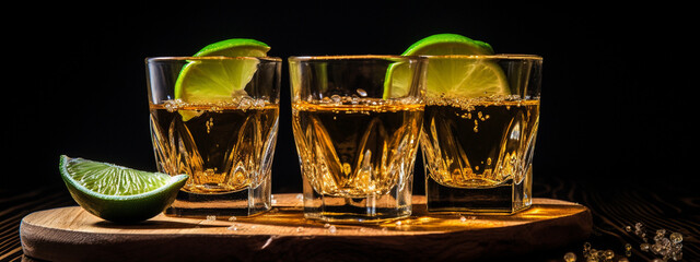 shots with tequila on a dark background.