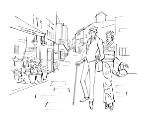 An elderly couple strolling through the streets