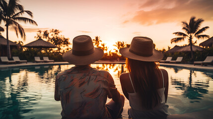 couples sitting near pool in luxuary villia near beach enjoying sunset or sunrise