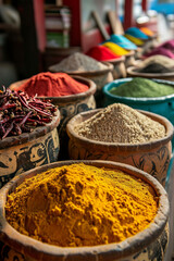 Fototapeta premium Beautiful Authentic bowls with colourful spice in market in India. Chilli, turmeric, herbs and spices in spice market. Asian or mexican food banners, advertisement. Copy space