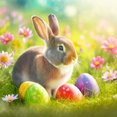 Fototapeta premium Easter Day - Cute Easter Bunny with Colorful Easter Eggs - Background with Space for Copy