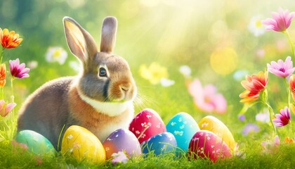 Fototapeta na wymiar Easter Day - Cute Easter Bunny with Colorful Easter Eggs - Background with Space for Copy