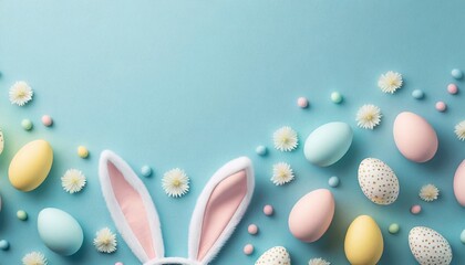 Easter Day - Cute Easter Bunny with Colorful Easter Eggs - Background with Space for Copy - obrazy, fototapety, plakaty