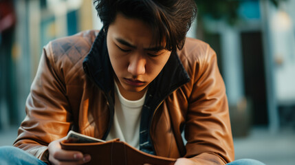 An young Asian man Confronting Economic Reality: Ian Open Empty Wallet and a Pressured, Distressed Expression, Financial Challenges ,Tax issues, late fees, debt concept. - obrazy, fototapety, plakaty