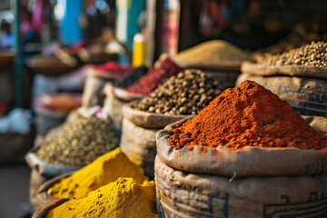 Colorful and exotic spice market in Marrakech in Morocco, a vibrant and unique summer travel background, with bright spices. Copy space