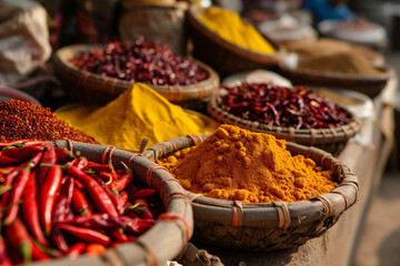 Bowls with colourful spice as chilli, turmeric, curcuma in market in India. Asian or mexican food banners, advertisement. Copy space - Powered by Adobe