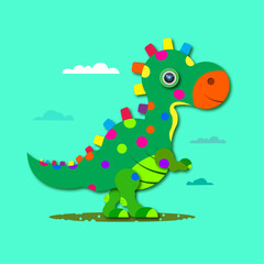 Cartoon illustration of a small dinosaur in the cut-out paper style.