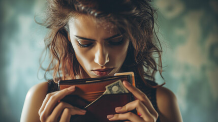 Young American Girl Confronting Economic Reality: Ian Open Empty Wallet and a Pressured, Distressed Expression, Financial Challenges ,Tax issues, late fees, debt concept. - obrazy, fototapety, plakaty