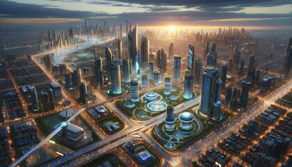 未来都市と夕日のイメージ画像　SF画像