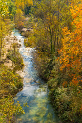 Aerial view of the Vero river in the town of Pozan de Vero in the Pyrenees, Huesca