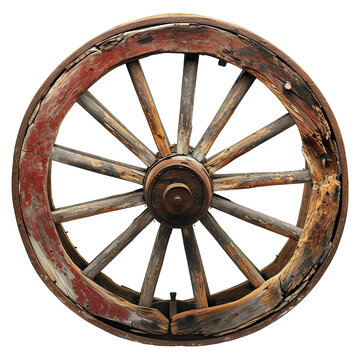 Isolated objects one very old wooden waggon wheel on white background