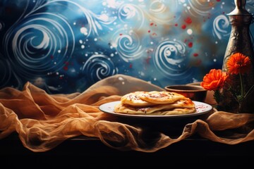 Pancakes on a plate on a dark background for Maslenitsa - obrazy, fototapety, plakaty