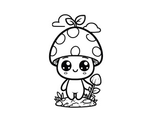 Cute Cartoon Character of mushroom for coloring book. outline line art. Printable Design. isolated white background