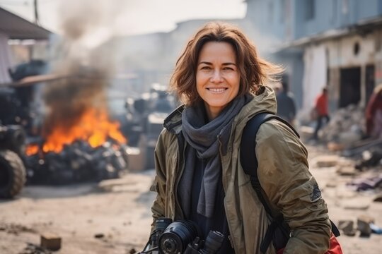 Portrait of a woman photographer on the background of a burning house