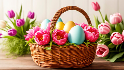 Fototapeta na wymiar Wicker basket with colorful Easter eggs and fresh tulips on wooden table. Concept of celebrating Easter. Copy space.